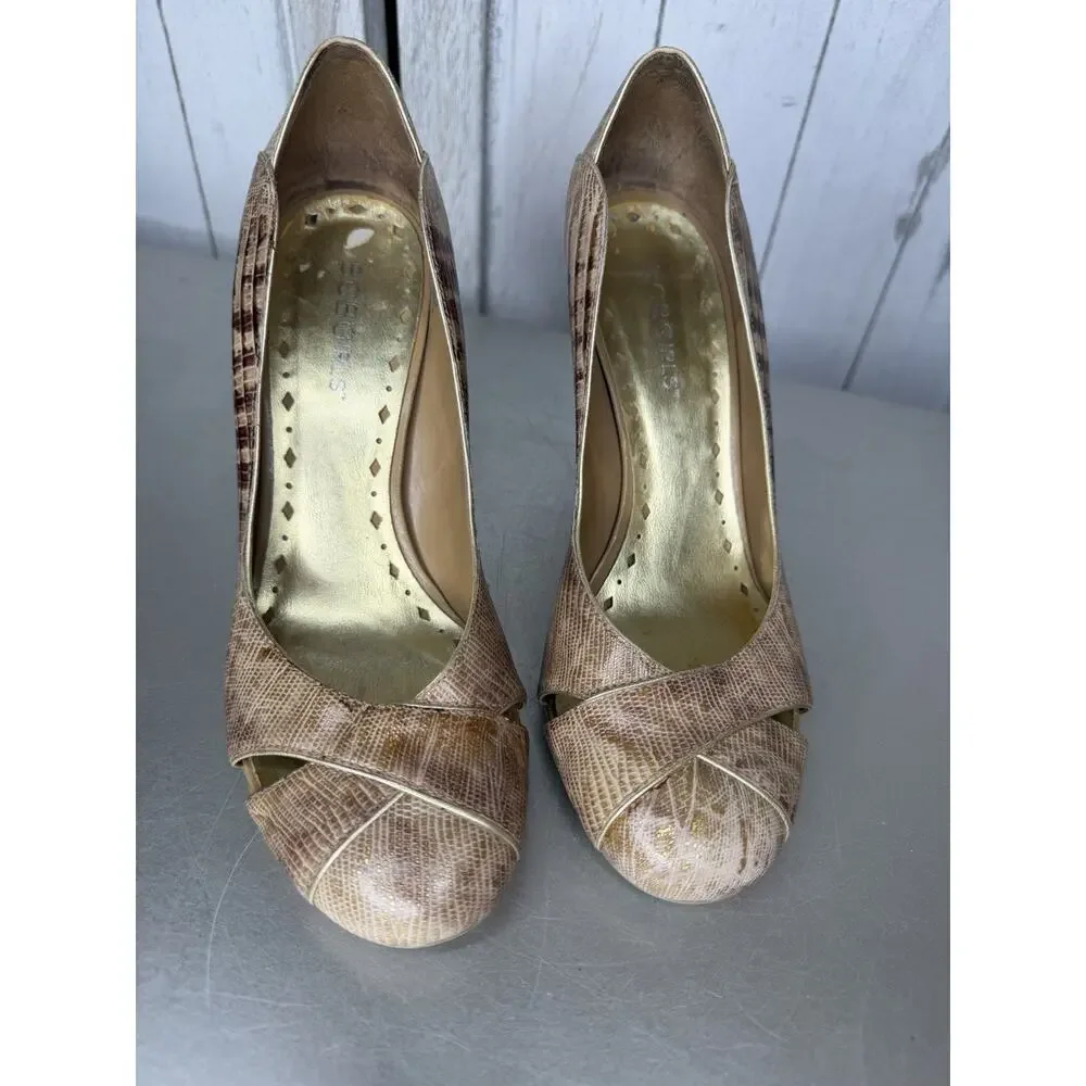 BCBG Girls Vintage Y2K Leather Snake Print Heels Brown Tan Size 6.5